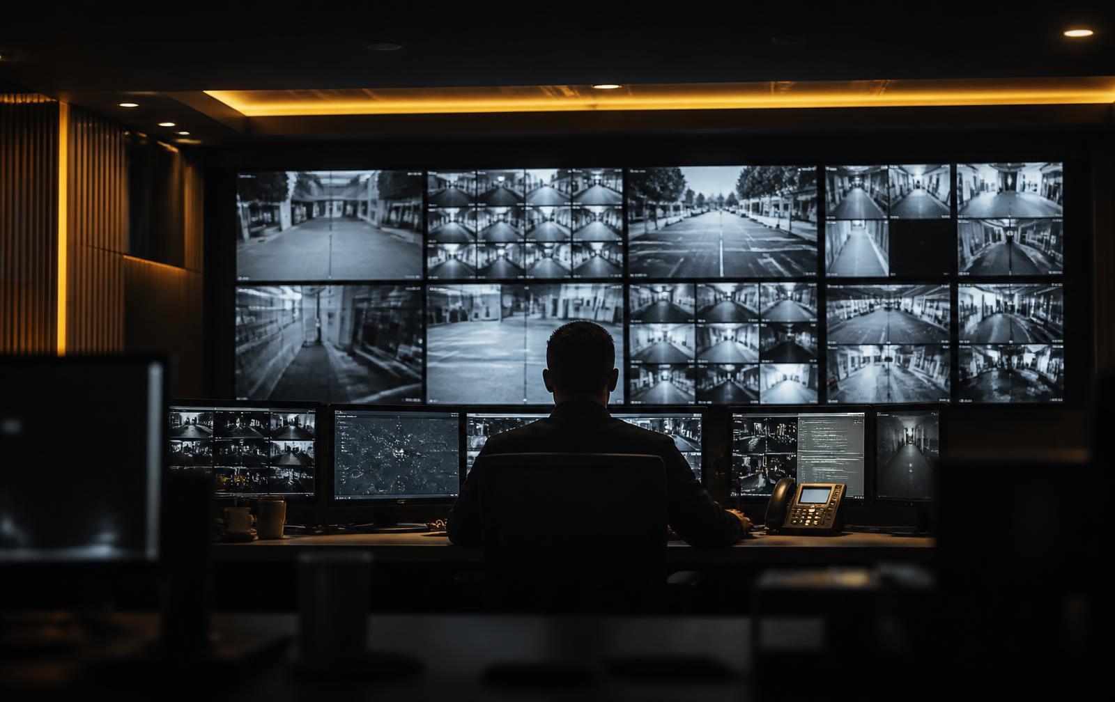 Security control room with multiple surveillance displays