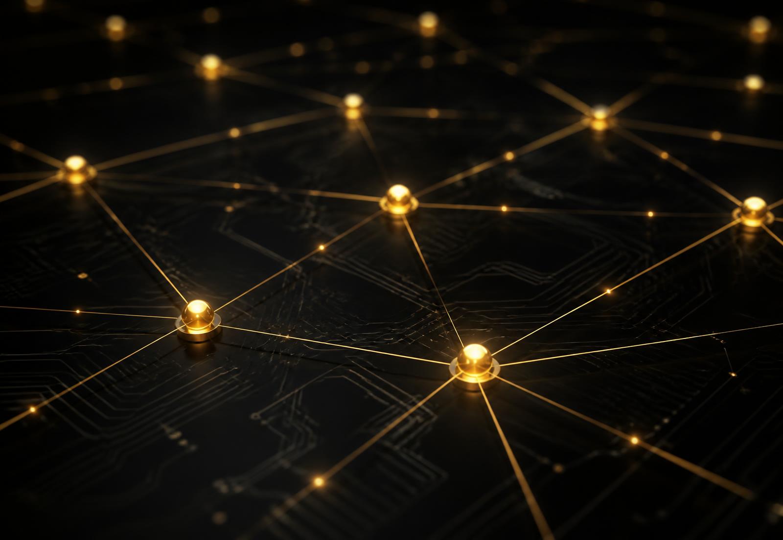 Abstract technology network of glowing nodes and gold connection paths