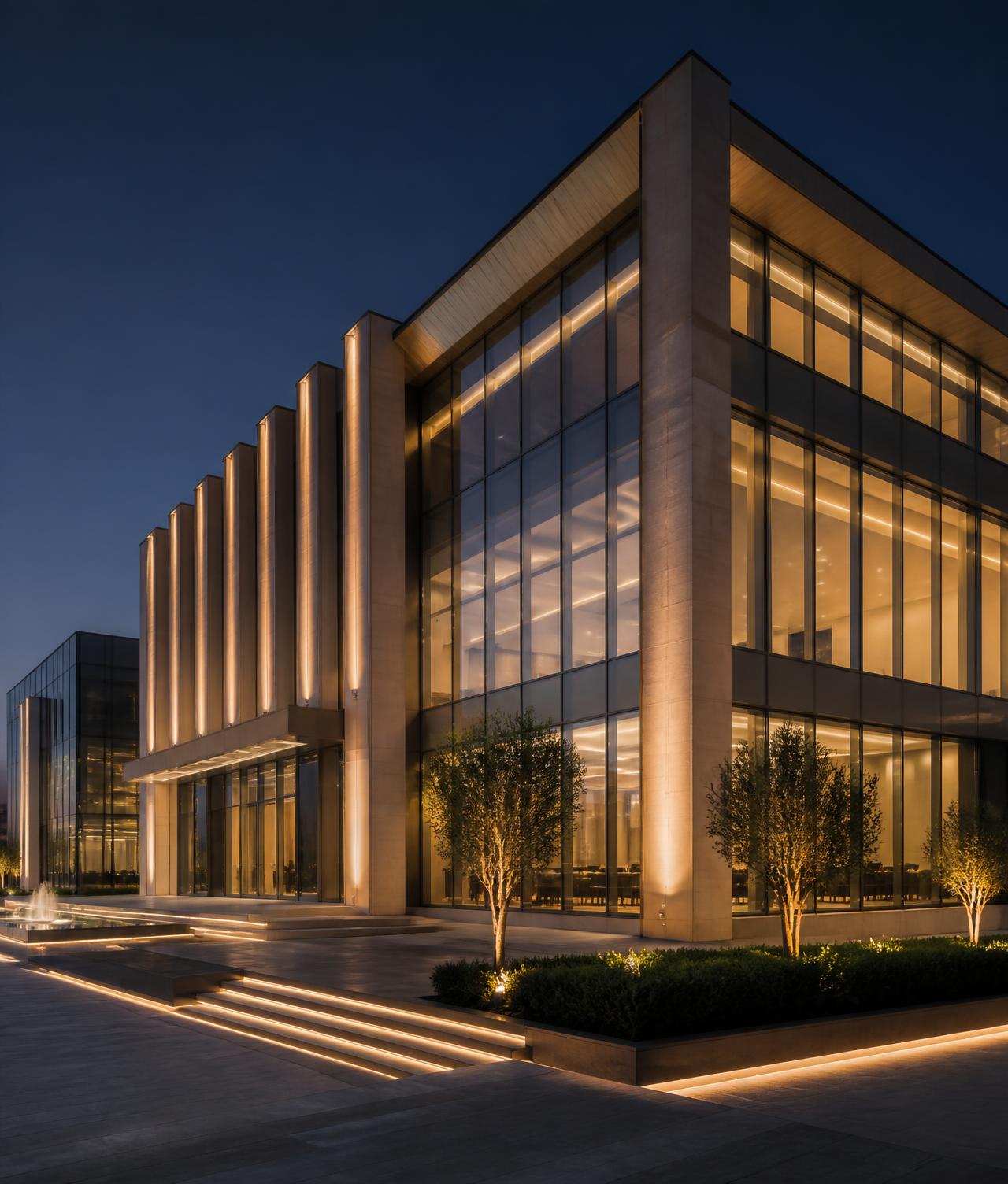 Modern UAE commercial building at dusk with subtle security coverage overlay